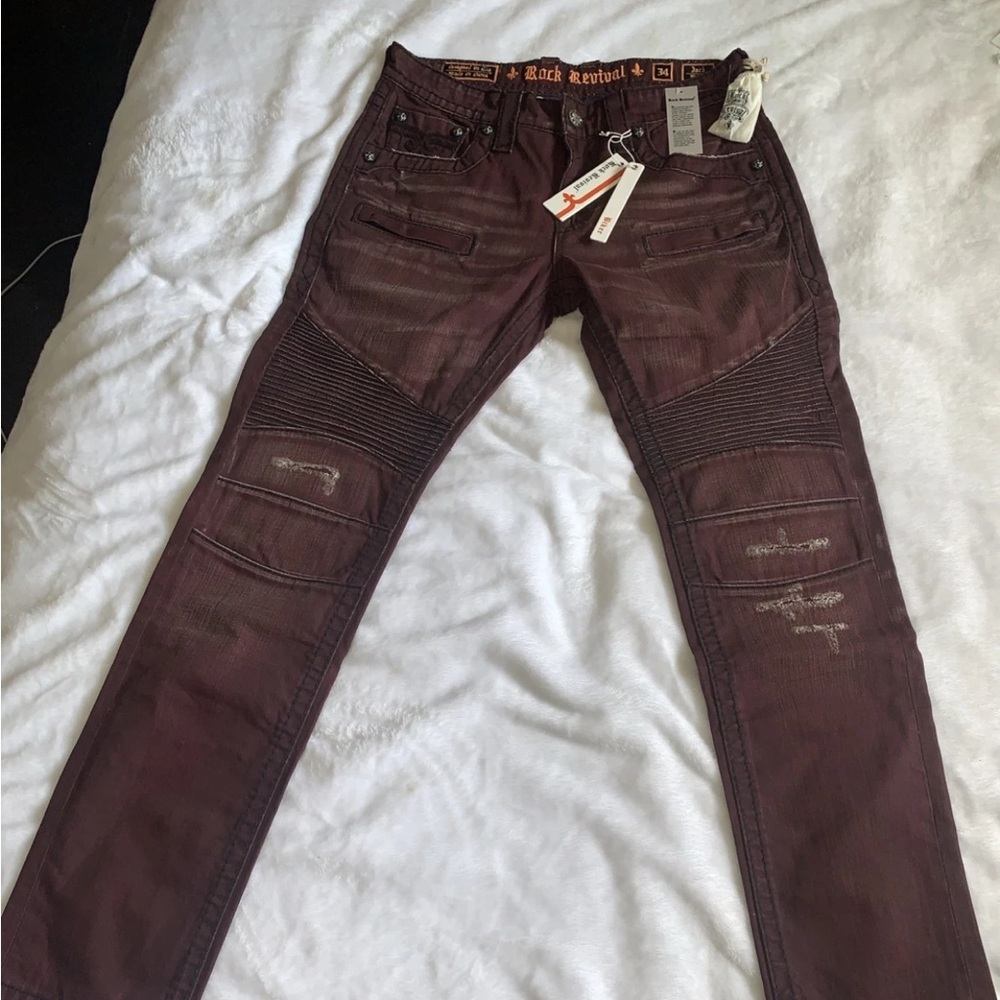 NEW W/TAGS ROCK REVIVAL REID BIKER SZ 34x 32 EMBROIDERED STUDDED BURGUNDY JEANS